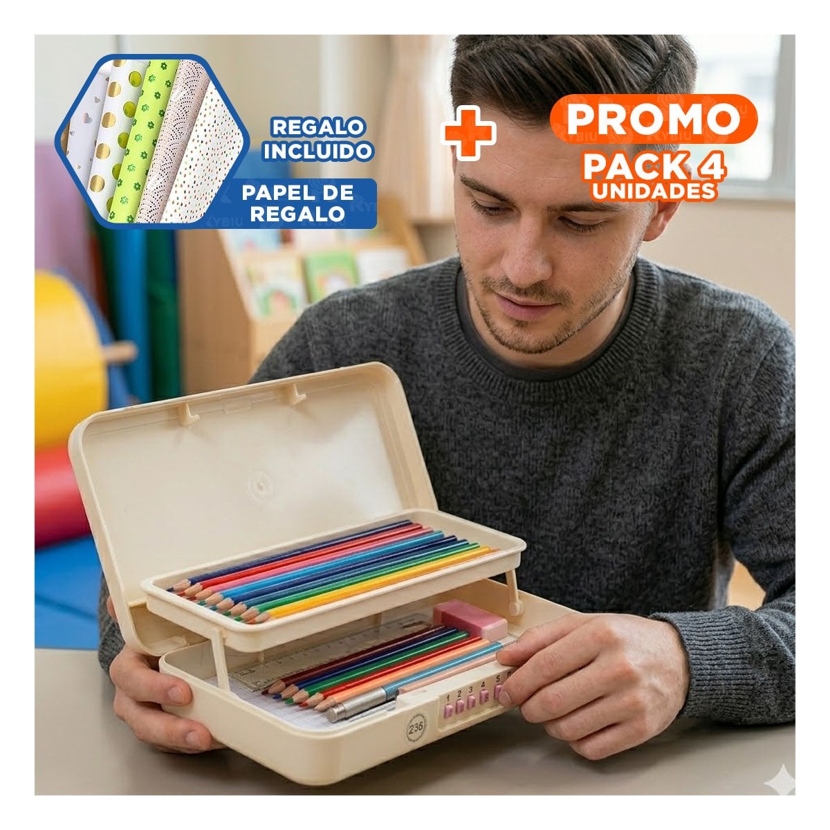 PACK4 FUNDA ESCOLAR CON CLAVE 2 NIVELES DISENO GATO BEIGE Y+PAPEL REGALO - 1