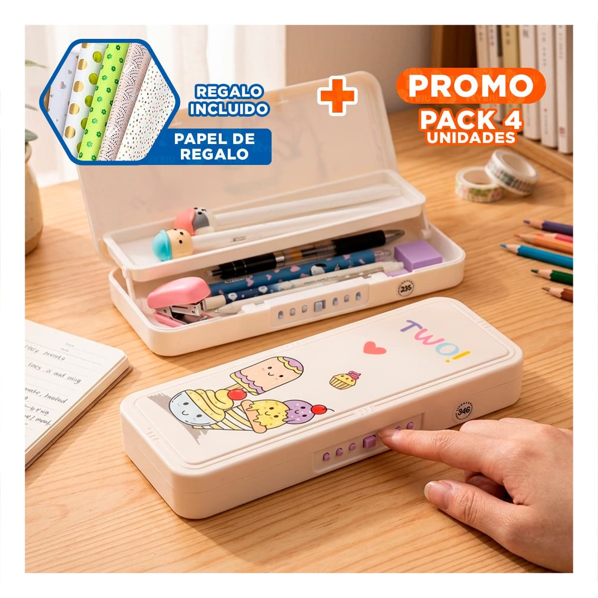 PACK4 ORGANIZADOR PRACTICO BEIGE CON CLAVE 2 NIVELES DISENO HELADOS ESCOLAR Y+PAPEL REGALO - 1