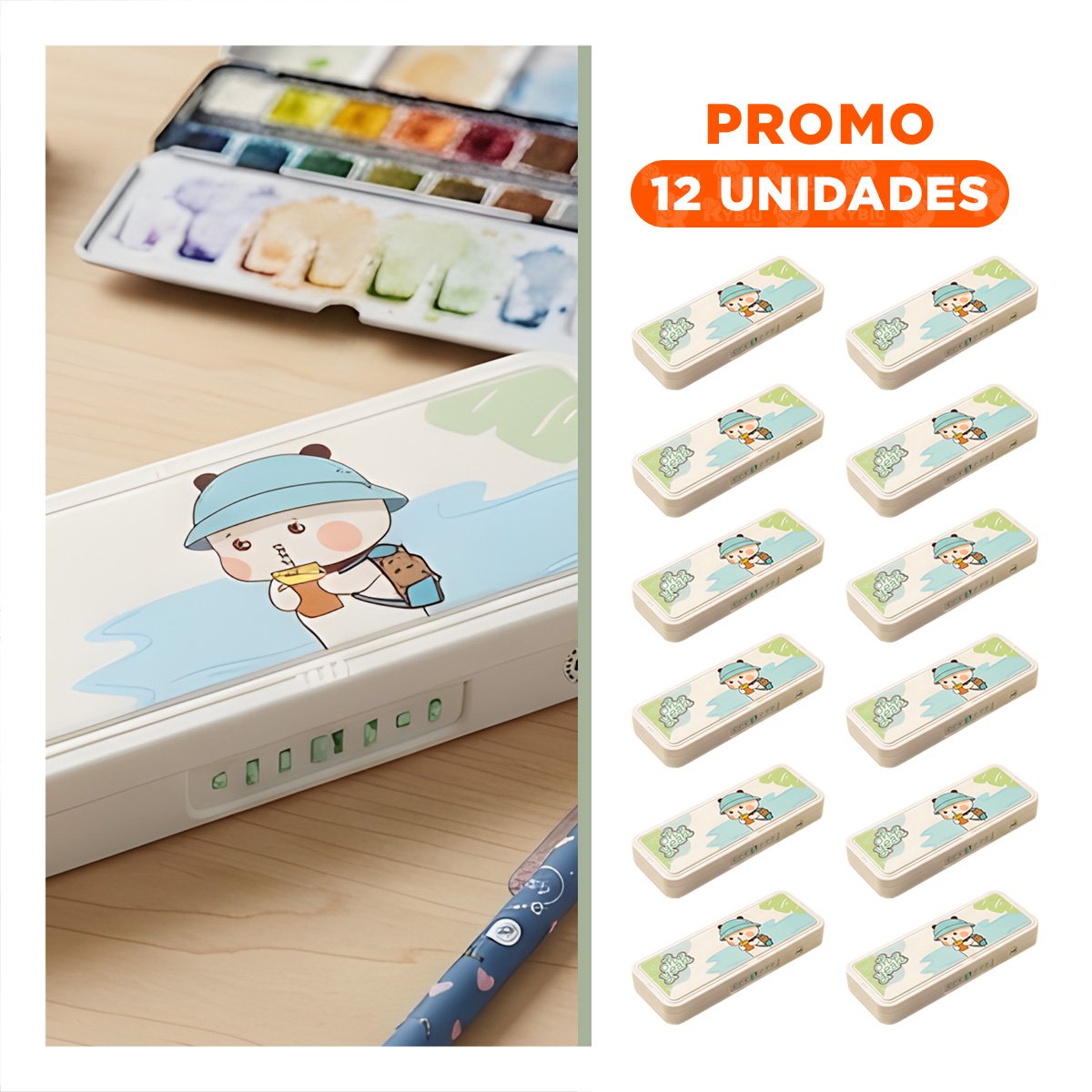 PACK12 ESTUCHE KAWAII BEIGE CON CLAVE 2 NIVELES OSO CON GORRA PARA COLEGIO Y+REGALO STICKER - 1