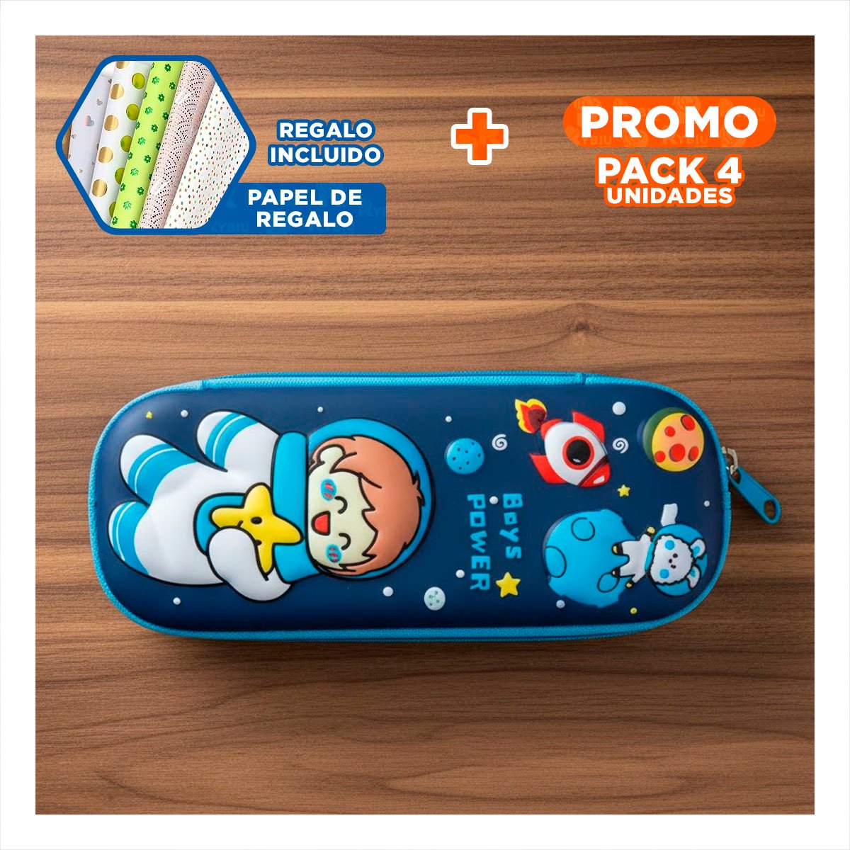PACK4 ACCESORIO INFANTIL ASTRONAUTA FELIZ AZUL ALTO RELIEVE CON DISENO LINDO Y+PAPEL REGALO - 1