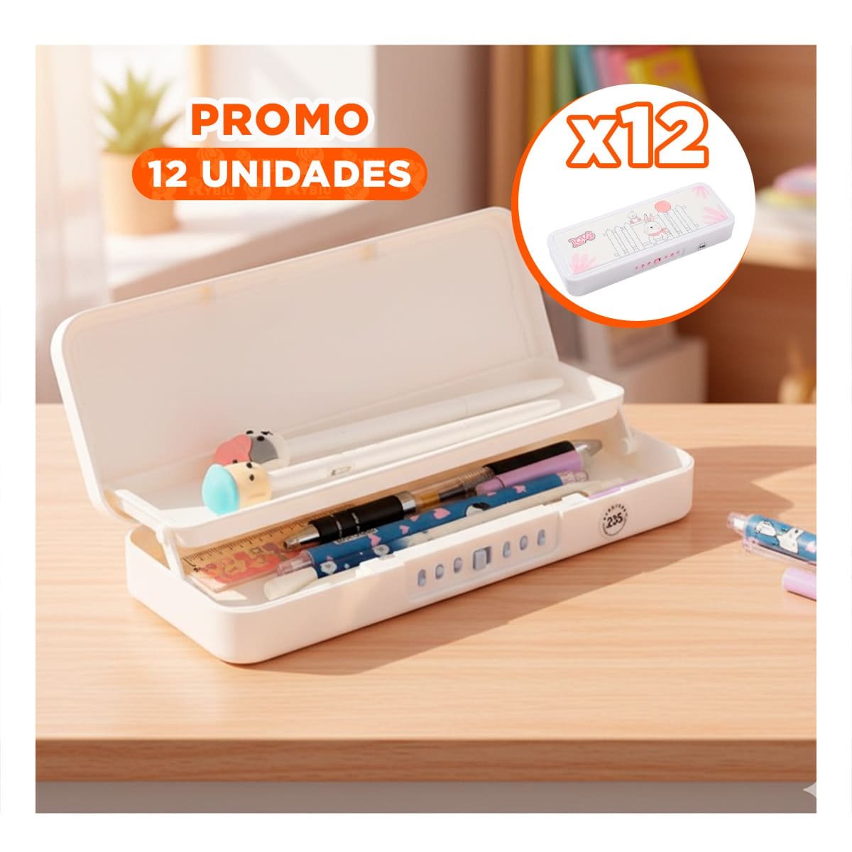 PACK12 CARTUCHERA MODERNA CONEJO Y REJAS BEIGE CON CLAVE 2 NIVELES - 1