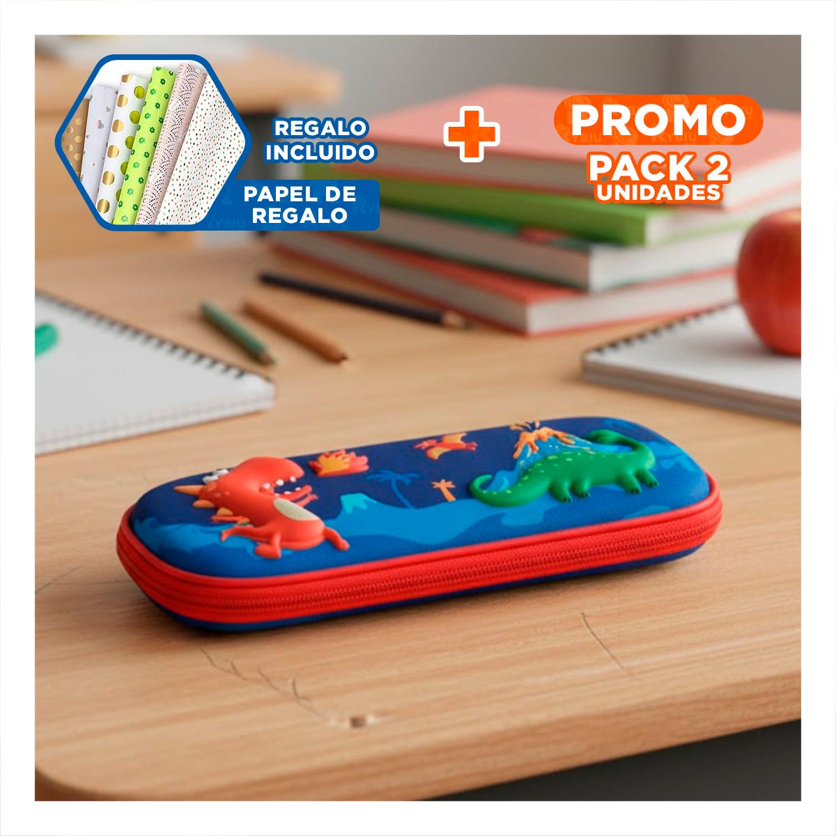 PACK2 BOLSO MODERNO DINOS AZUL ALTO RELIEVE CON ESPACIO AMPLIO Y+PAPEL REGALO - 1