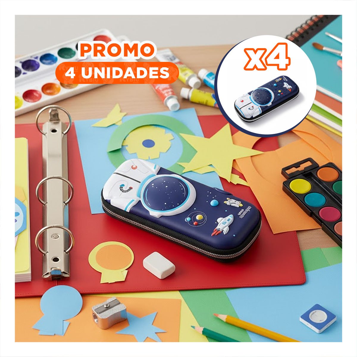 PACK4 ACCESORIO ESCOLAR ASTRONAUTA HAPPY AZUL ALTO RELIEVE CON CIERRE SEGURO DIARIO - 1