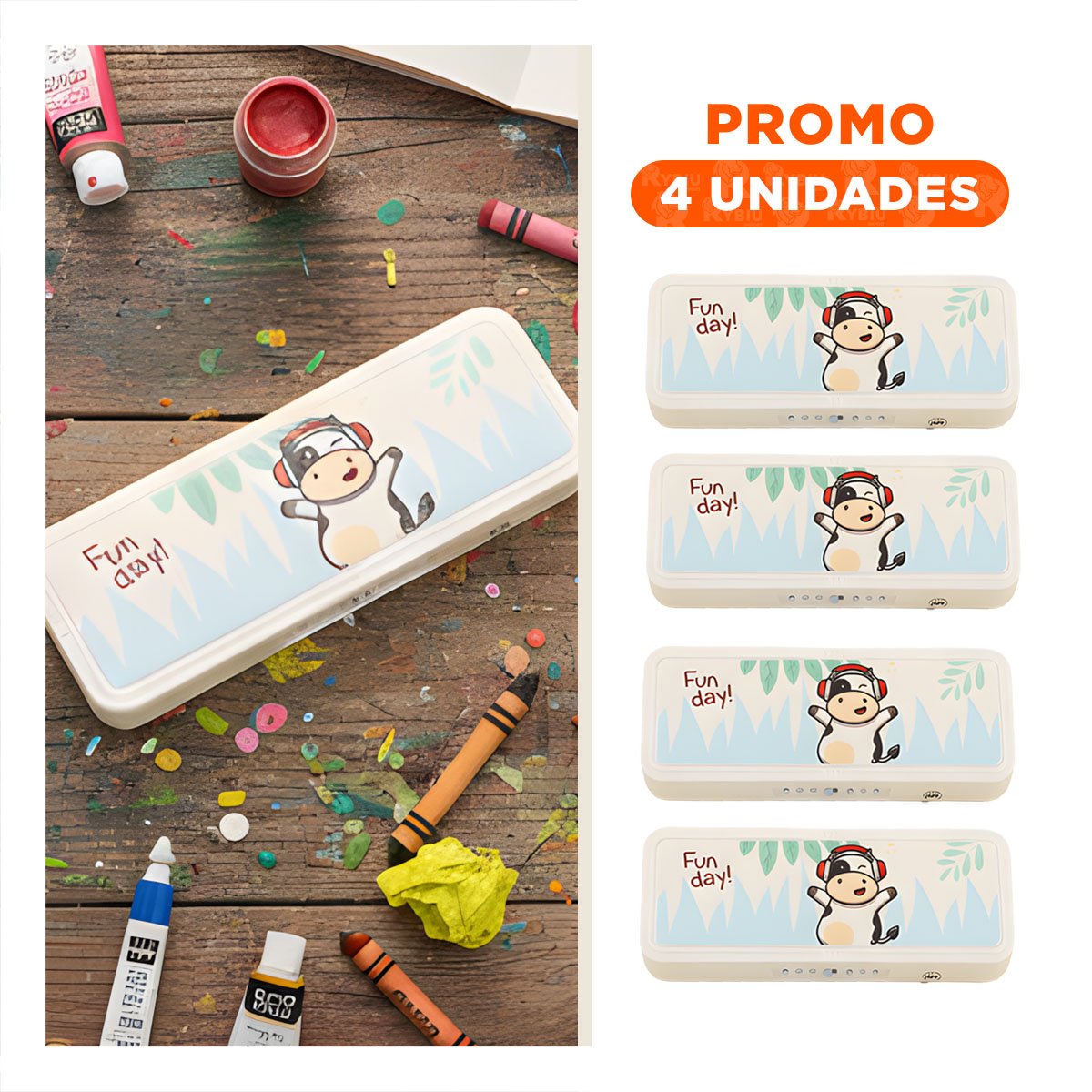 PACK4 PORTA UTILES JUVENIL VACA BEIGE CON CLAVE 2 NIVELES PRACTICO Y+REGALO STICKER - 1