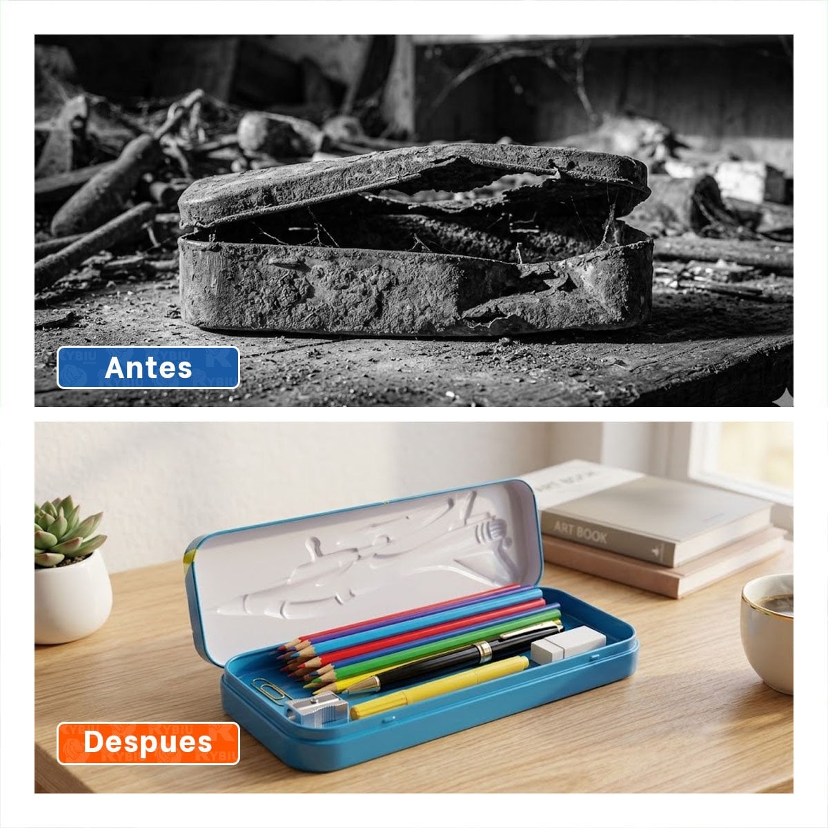 CAJA CELESTE METALICA CON SEPARADOR PARA ORGANIZAR UTILES Y+POST IT - 1