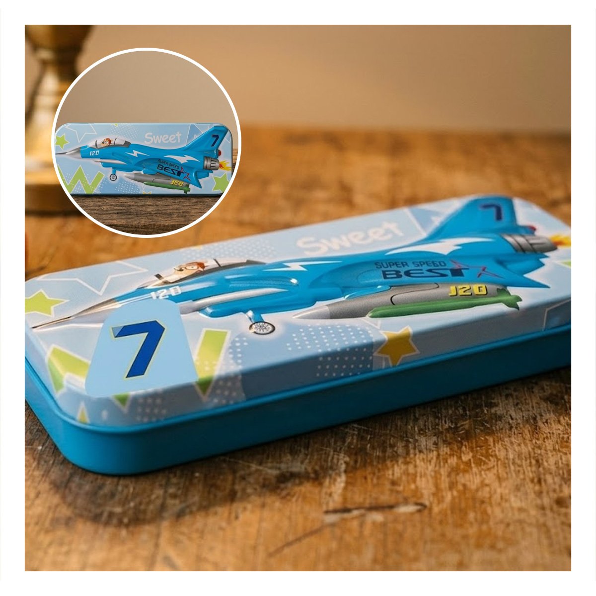 CAJA CELESTE METALICA CON SEPARADOR PARA ORGANIZAR UTILES Y+POST IT - 2