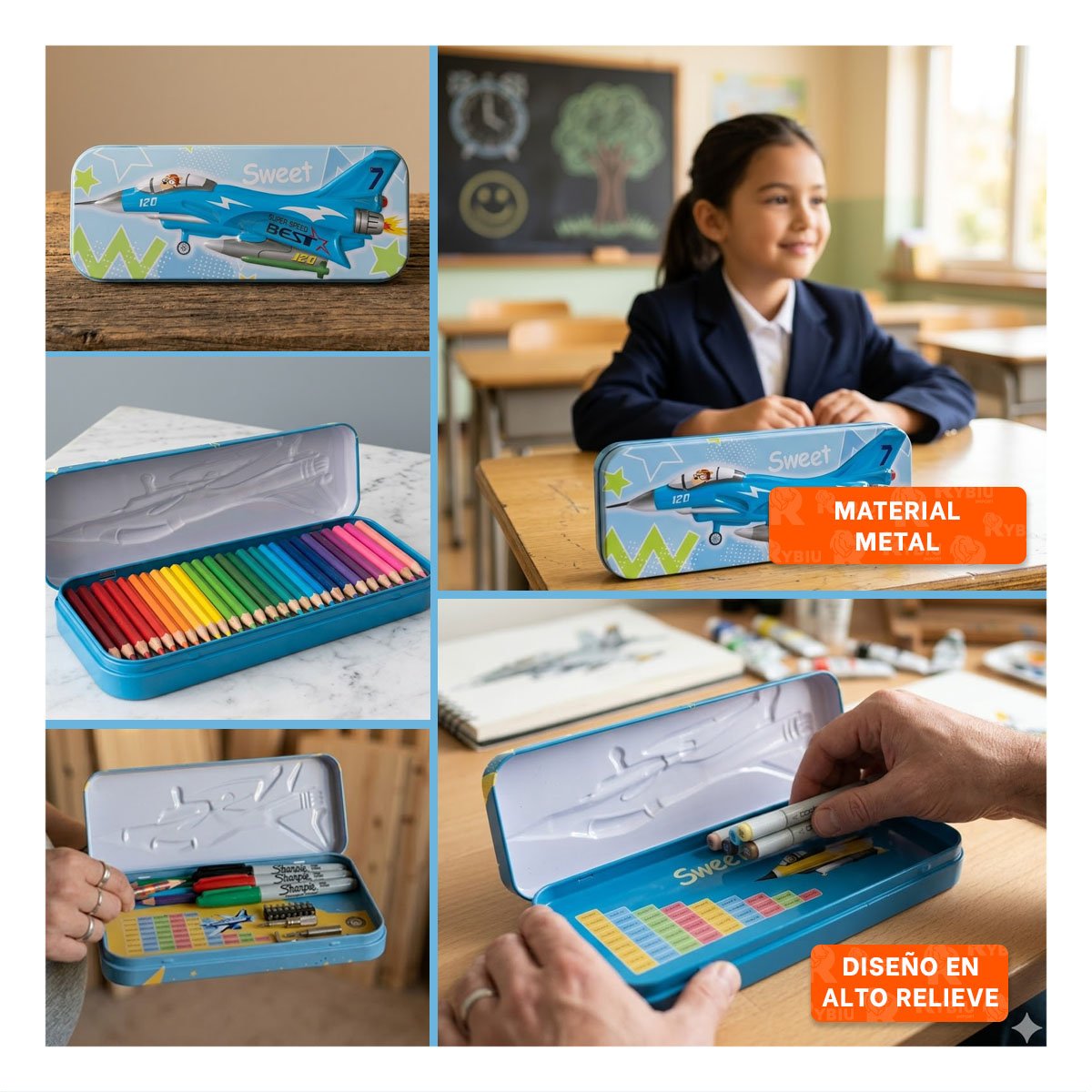 CAJA CELESTE METALICA CON SEPARADOR PARA ORGANIZAR UTILES Y+POST IT - 5