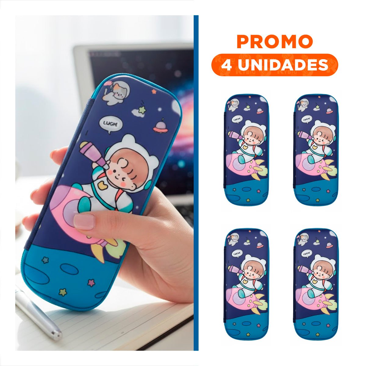 PACK4 ACCESORIO COMPACTO ASTRONAUTA EN COHETE AZUL ALTO RELIEVE PARA ESCOLAR Y+REGALO STICKER - 1