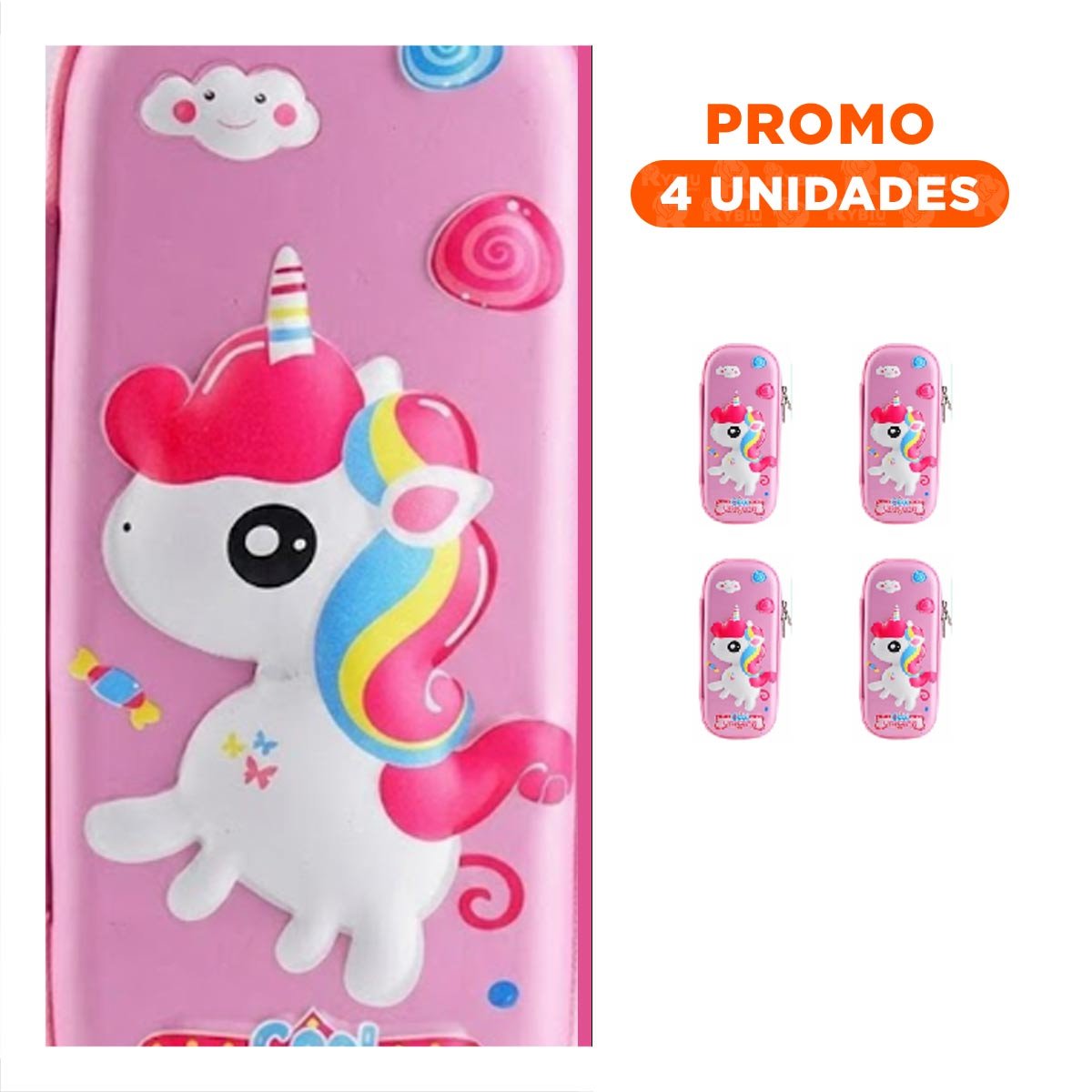 PACK4 ACCESORIO COMPACTO UNICORNIO ROSADO ALTO RELIEVE PARA USO ESCOLAR Y+REGALO STICKER - 1