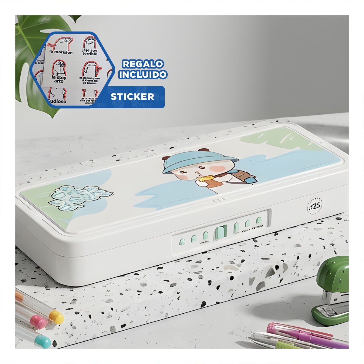 PORTA UTILES INFANTIL BEIGE CON CLAVE 2 NIVELES OSO CON GORRA SEGURO Y+REGALO STICKER - 1