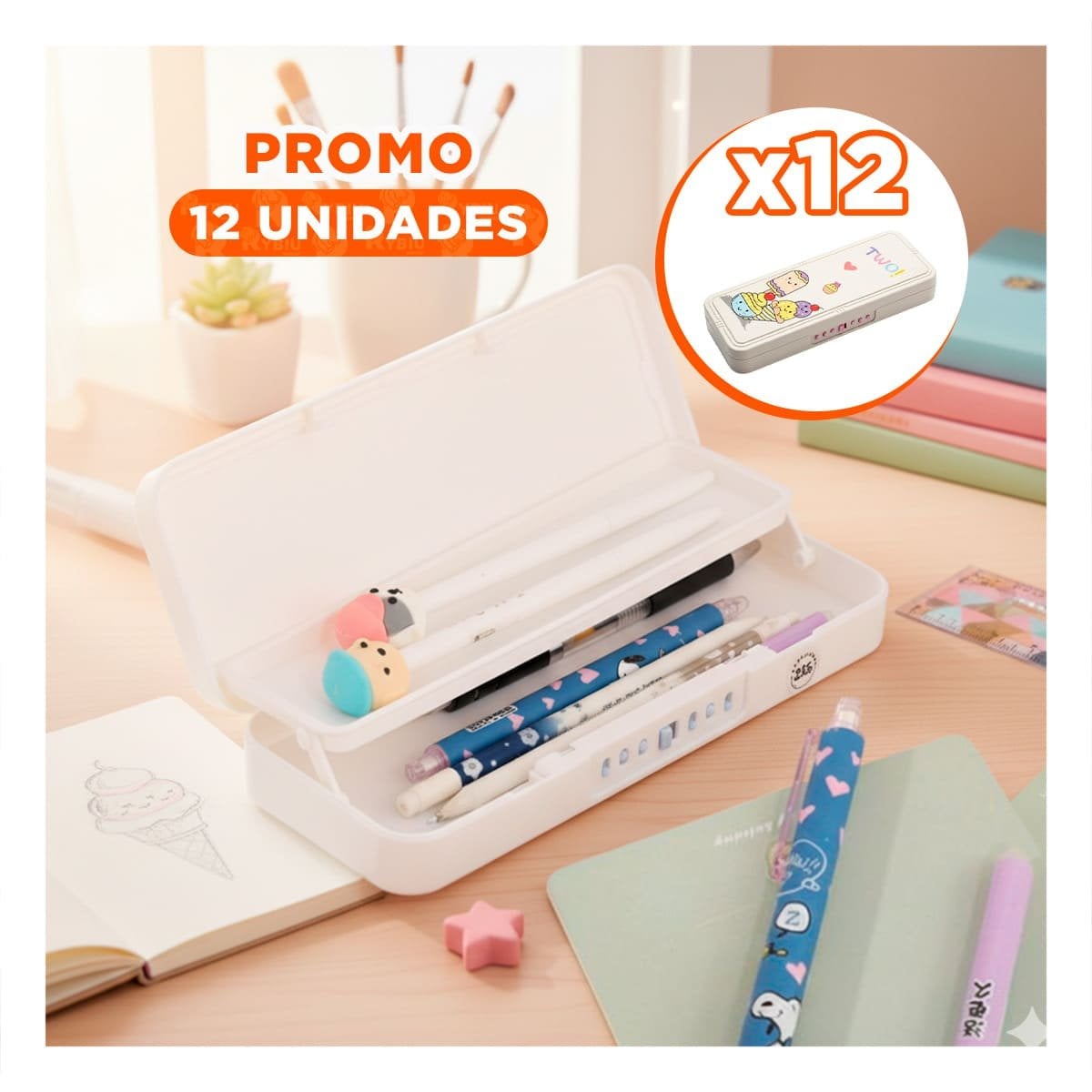 PACK12 PORTA UTILES SEGURO BEIGE CON CLAVE 2 NIVELES DISENO HELADOS INFANTIL - 1
