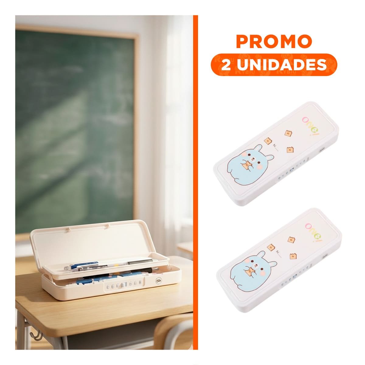 PACK2 ESTUCHE MODERNO CONEJO BEIGE CON CLAVE 2 NIVELES ESCOLAR - 1