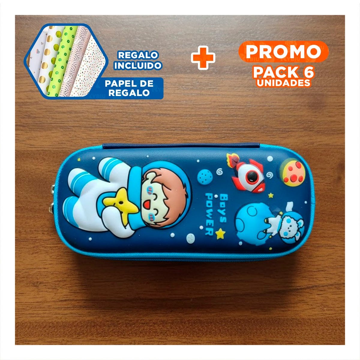 PACK6 ACCESORIO FUNCIONAL ASTRONAUTA FELIZ AZUL ALTO RELIEVE CON GRAN CAPACIDAD Y+PAPEL REGALO - 1