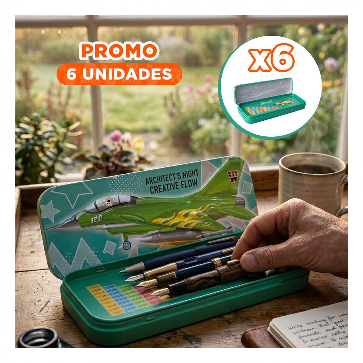PACK6 ESTUCHE RESISTENTE VERDE METALICO CON SEPARADOR PARA UTILES Y+REGALO STICKER - 1