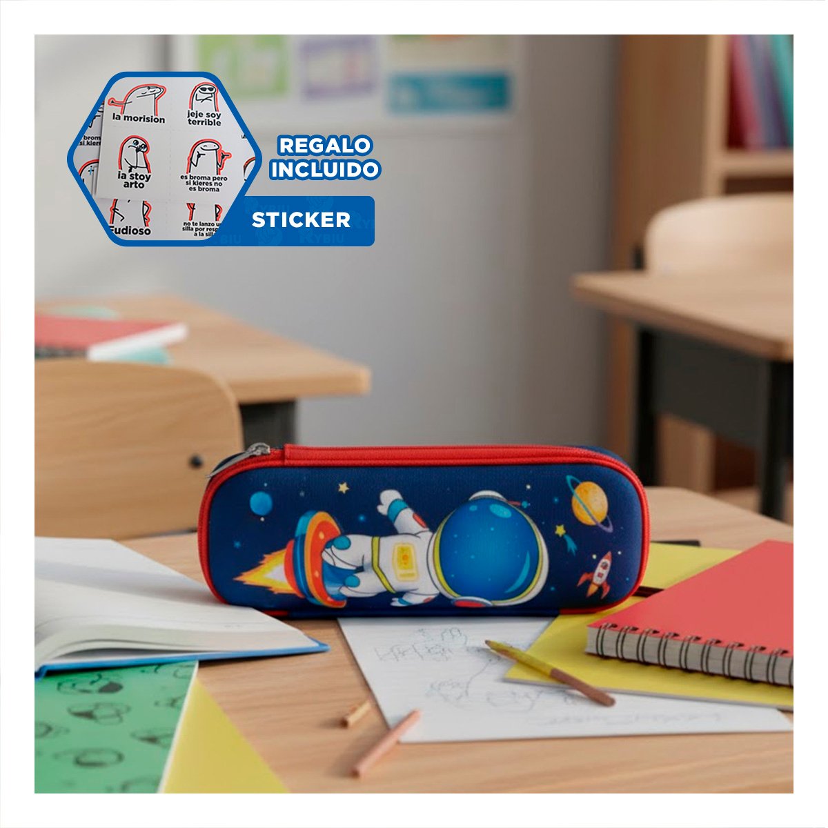 ESTUCHE COMPACTO ASTRONAUTA AZUL ALTO RELIEVE PARA GUARDAR UTILES ESCOLARES Y+REGALO STICKER - 1