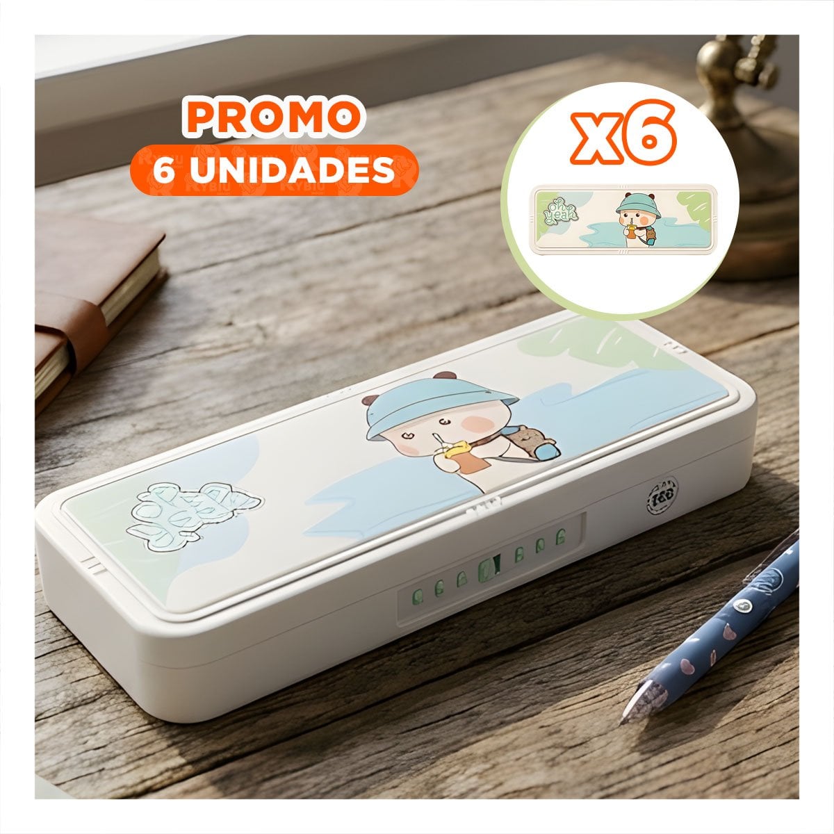 PACK6 PORTA UTILES JUVENIL BEIGE CON CLAVE 2 NIVELES OSO CON GORRA SEGURO Y+REGALO STICKER - 1