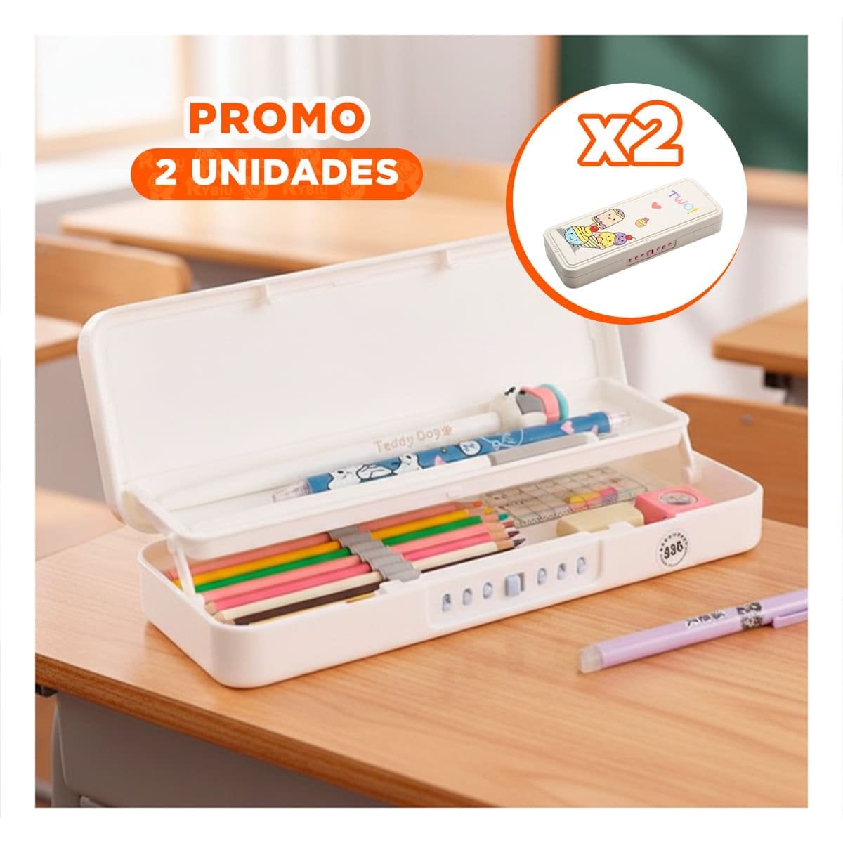 PACK2 LAPICERA PRACTICA BEIGE CON CLAVE 2 NIVELES DISENO HELADOS ESCOLAR Y+REGALO STICKER - 1