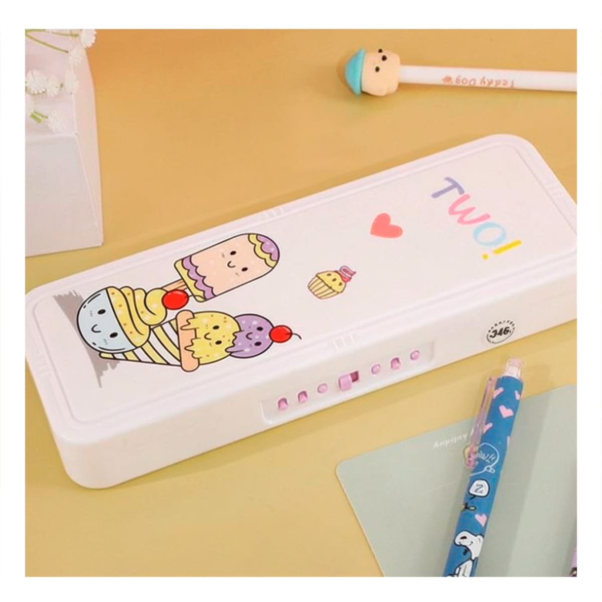 PACK2 LAPICERA PRACTICA BEIGE CON CLAVE 2 NIVELES DISENO HELADOS ESCOLAR Y+REGALO STICKER - 5