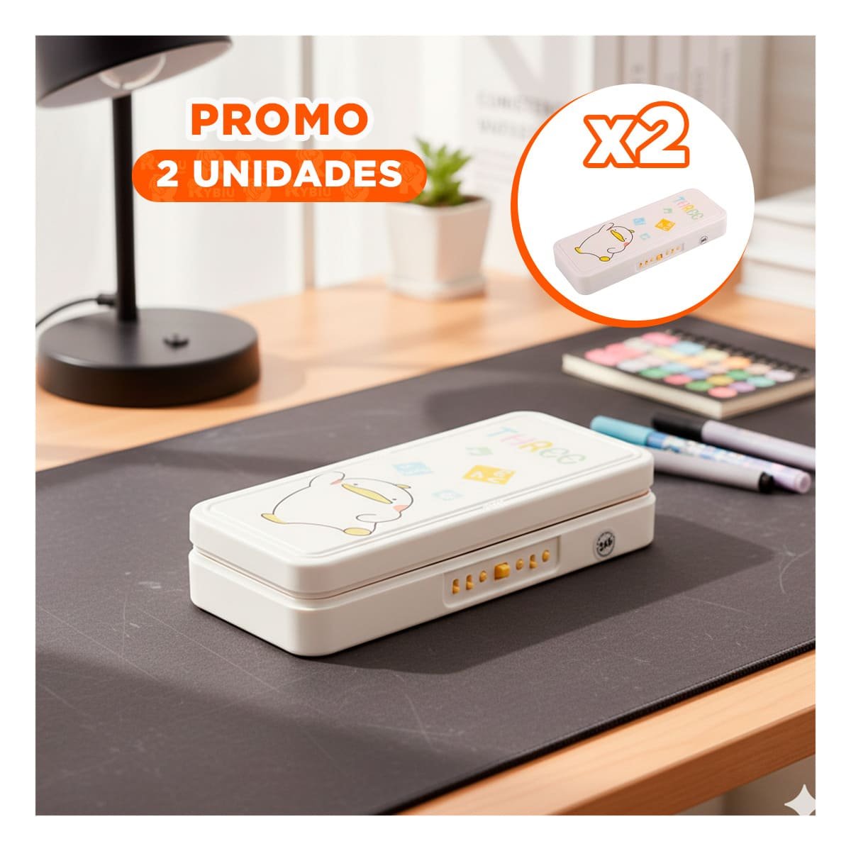 PACK2 CARTUCHERA PARA NINA BEIGE CON CLAVE 2 NIVELES DISENO PATO Y+REGALO STICKER - 1