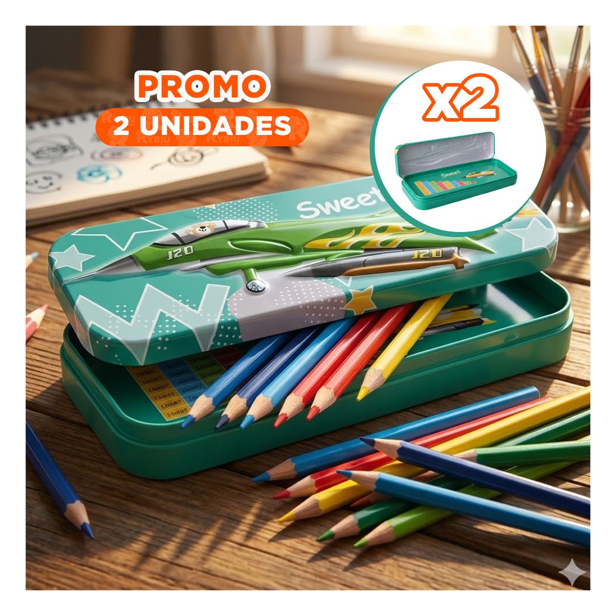 PACK2 CARTUCHERA PRACTICA VERDE METALICA CON SEPARADOR AMPLIO Y+REGALO STICKER - 1