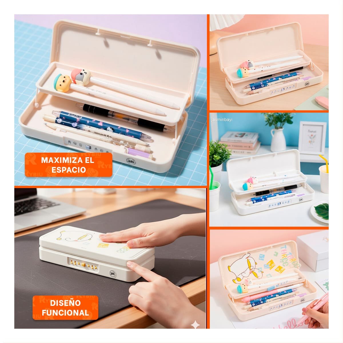 CAJA ORGANIZADORA ESCOLAR BEIGE CON CLAVE 2 NIVELES DISENO PATO Y+POST IT - 5