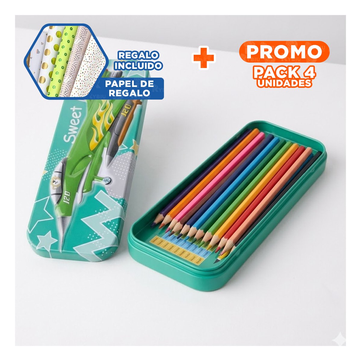 PACK4 LAPICERA PRACTICA VERDE METALICA CON SEPARADOR PARA UTILES Y+PAPEL REGALO - 1