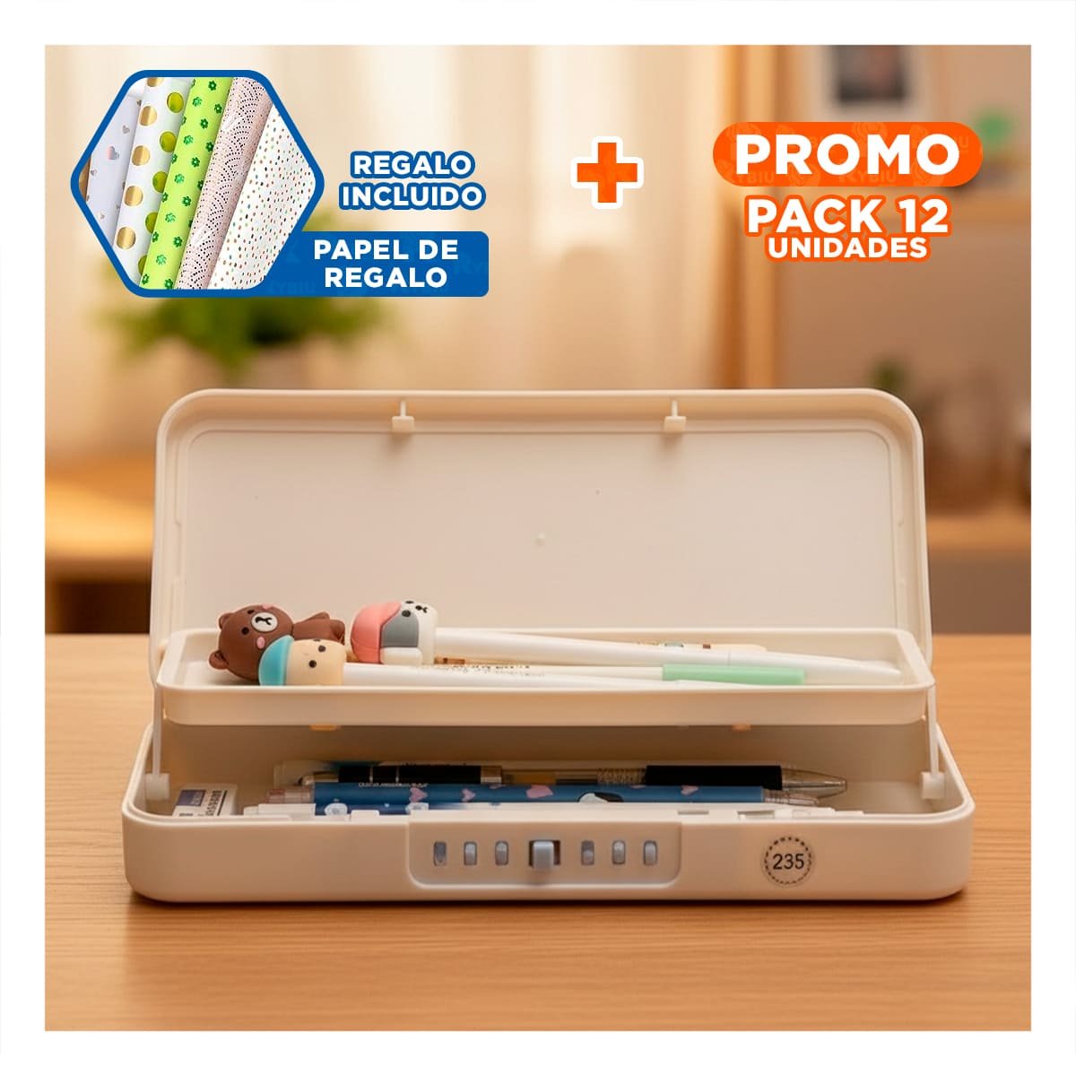 PACK12 ESTUCHE RESISTENTE CONEJO Y REJAS BEIGE CON CLAVE 2 NIVELES Y+PAPEL REGALO - 1