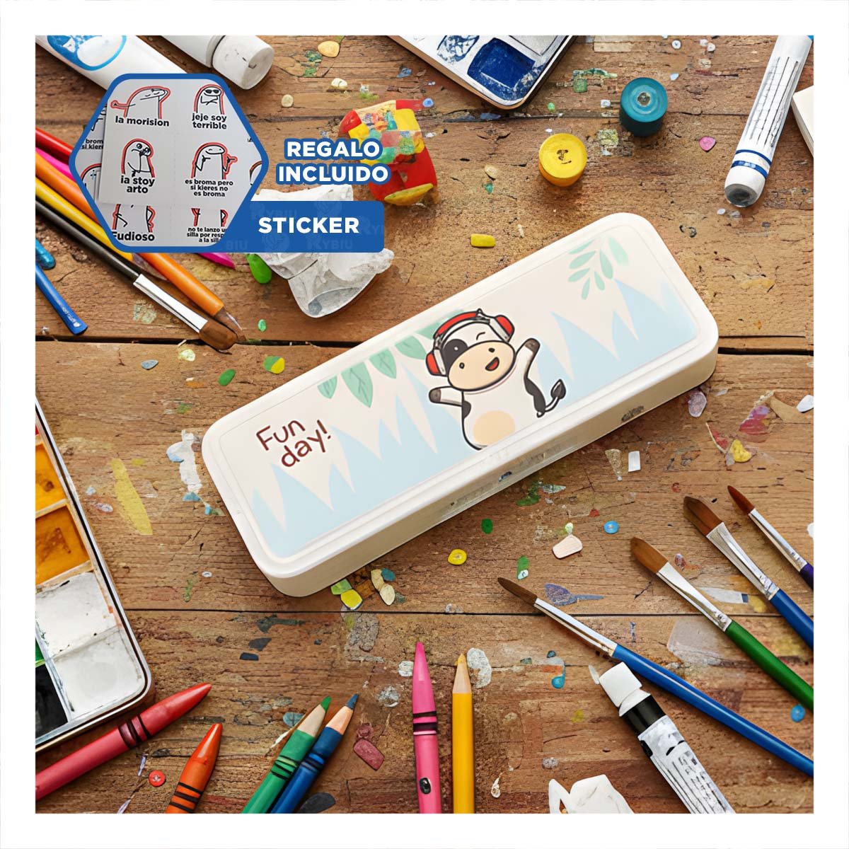 ESTUCHE JUVENIL VACA BEIGE CON CLAVE 2 NIVELES FUNCIONAL Y+REGALO STICKER - 1