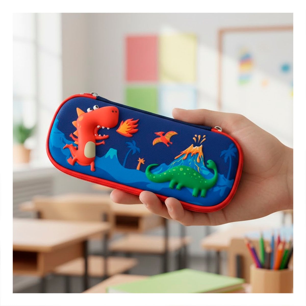 ESTUCHE MODERNO DINOS AZUL ALTO RELIEVE CON ESPACIO AMPLIO INTERNO Y+LIGAS REGALO - 2