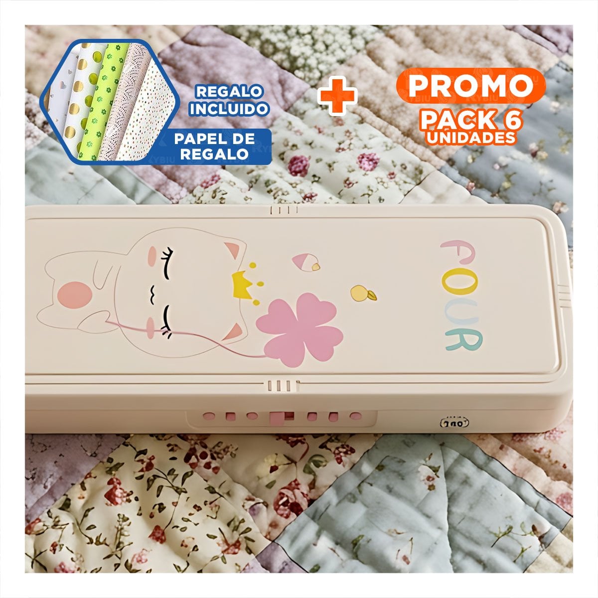 PACK6 PORTA UTILES JUVENIL CON CLAVE 2 NIVELES GATO CON FLOR BEIGE SEGURO Y+PAPEL REGALO - 1