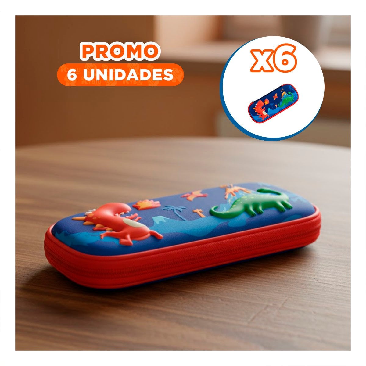 PACK6 FUNDA ESCOLAR DINOS AZUL ALTO RELIEVE CON CIERRE SEGURO Y+REGALO STICKER - 1