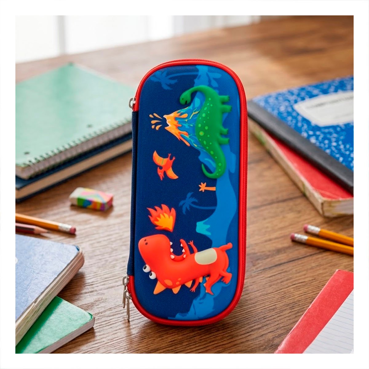 PACK6 FUNDA ESCOLAR DINOS AZUL ALTO RELIEVE CON CIERRE SEGURO Y+REGALO STICKER - 5