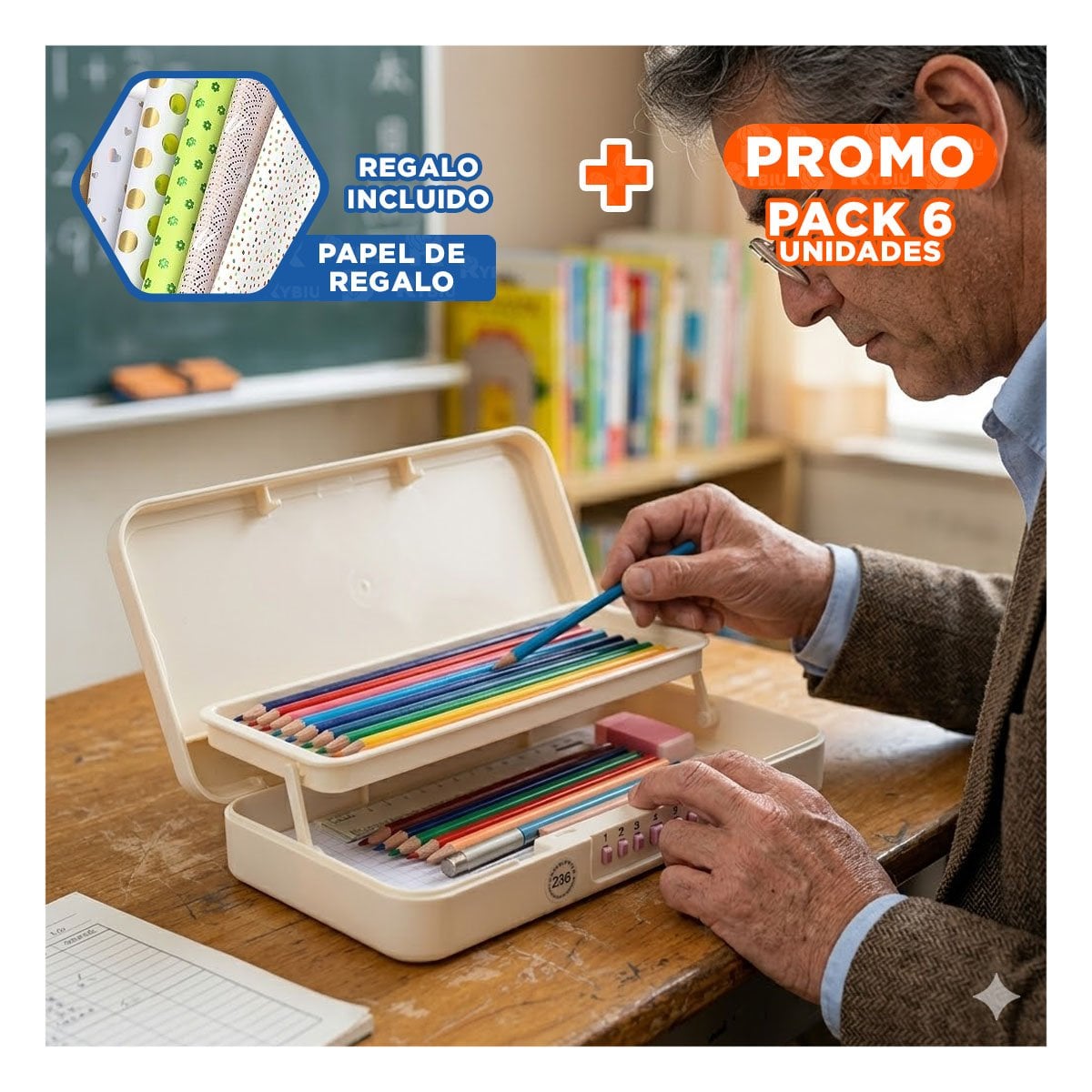 PACK6 CARTUCHERA ESCOLAR RESISTENTE CON CLAVE 2 NIVELES GATO BEIGE Y+PAPEL REGALO - 1