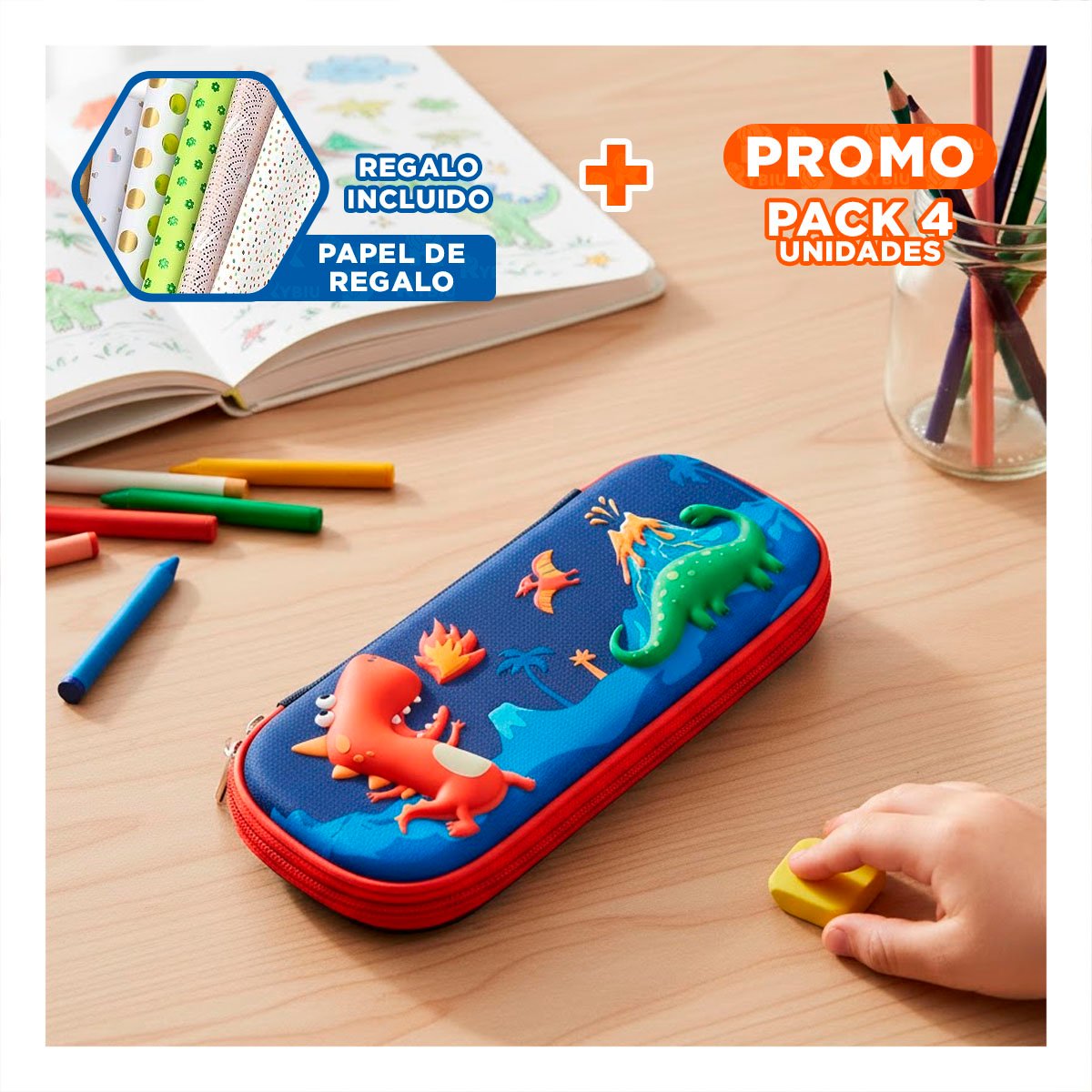 PACK4 ACCESORIO INFANTIL DINOS AZUL ALTO RELIEVE CON DISENO LINDO PRACTICO Y+PAPEL REGALO - 1