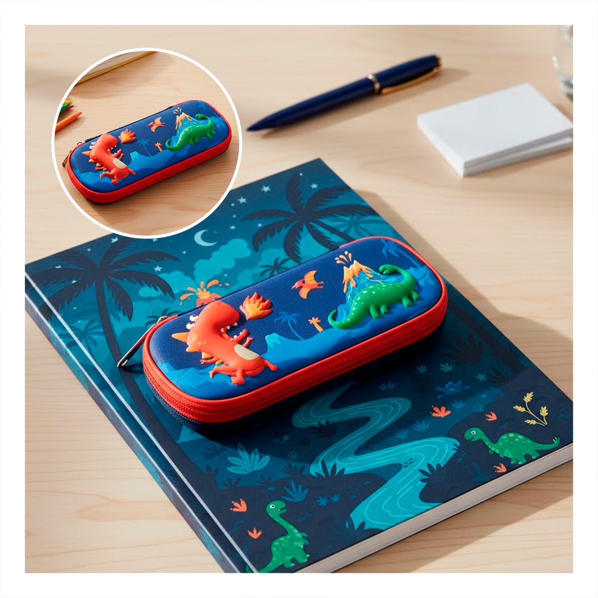 ESTUCHE INFANTIL DINOS AZUL ALTO RELIEVE CON DISENO ENCANTADOR DIARIO Y+PAPEL REGALO - 5