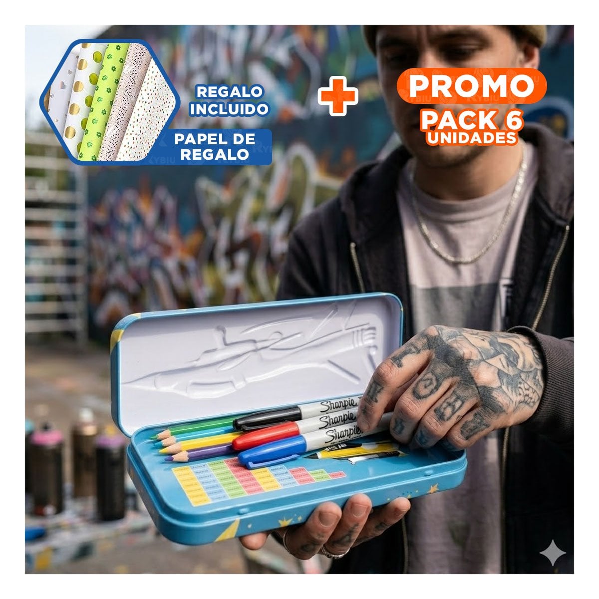 PACK6 CONTENEDOR PRACTICO CELESTE METALICO CON SEPARADOR AMPLIO Y+PAPEL REGALO - 1