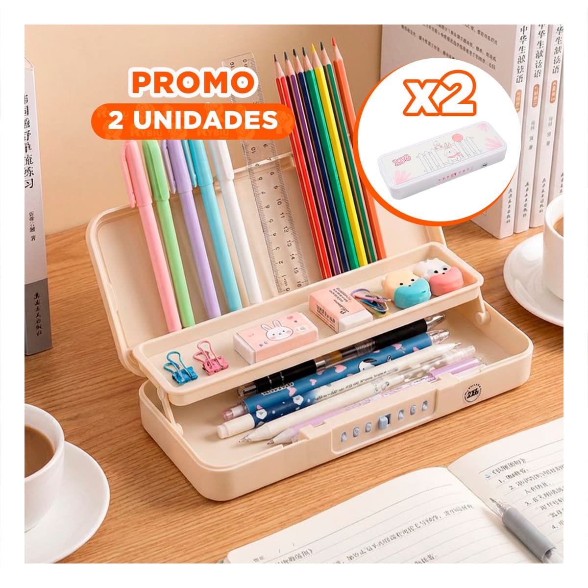 PACK2 NECESER PRACTICO CONEJO Y REJAS BEIGE CON CLAVE 2 NIVELES Y+REGALO STICKER - 1
