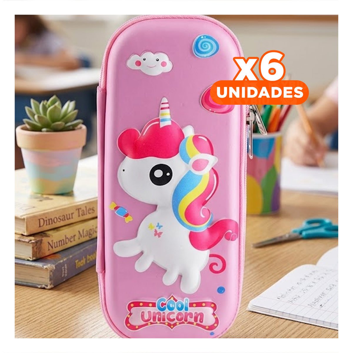 PACK6 FUNDA ESCOLAR UNICORNIO ROSADO ALTO RELIEVE CON CIERRE SEGURO Y+REGALO STICKER - 1