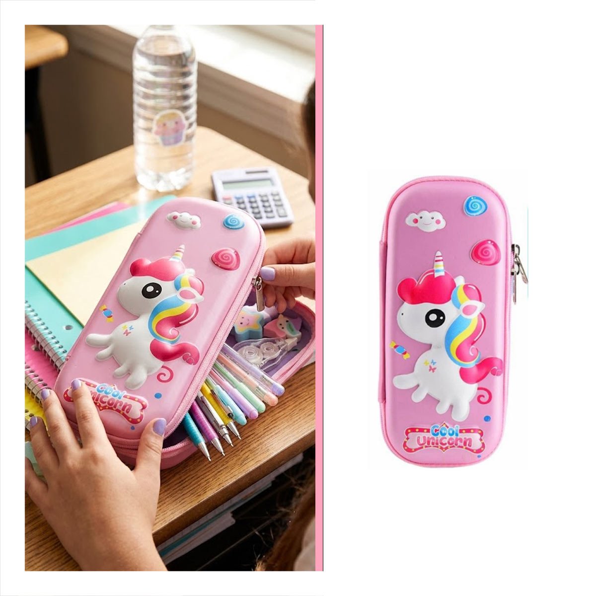 PACK6 FUNDA ESCOLAR UNICORNIO ROSADO ALTO RELIEVE CON CIERRE SEGURO Y+REGALO STICKER - 2