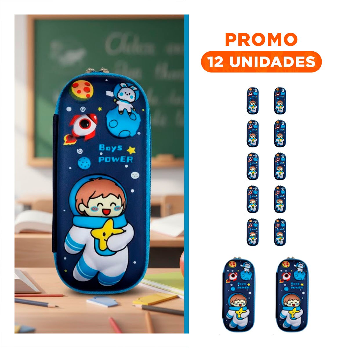 PACK12 FUNDA MODERNA ASTRONAUTA FELIZ AZUL ALTO RELIEVE CON ESPACIO AMPLIO Y+REGALO STICKER - 1