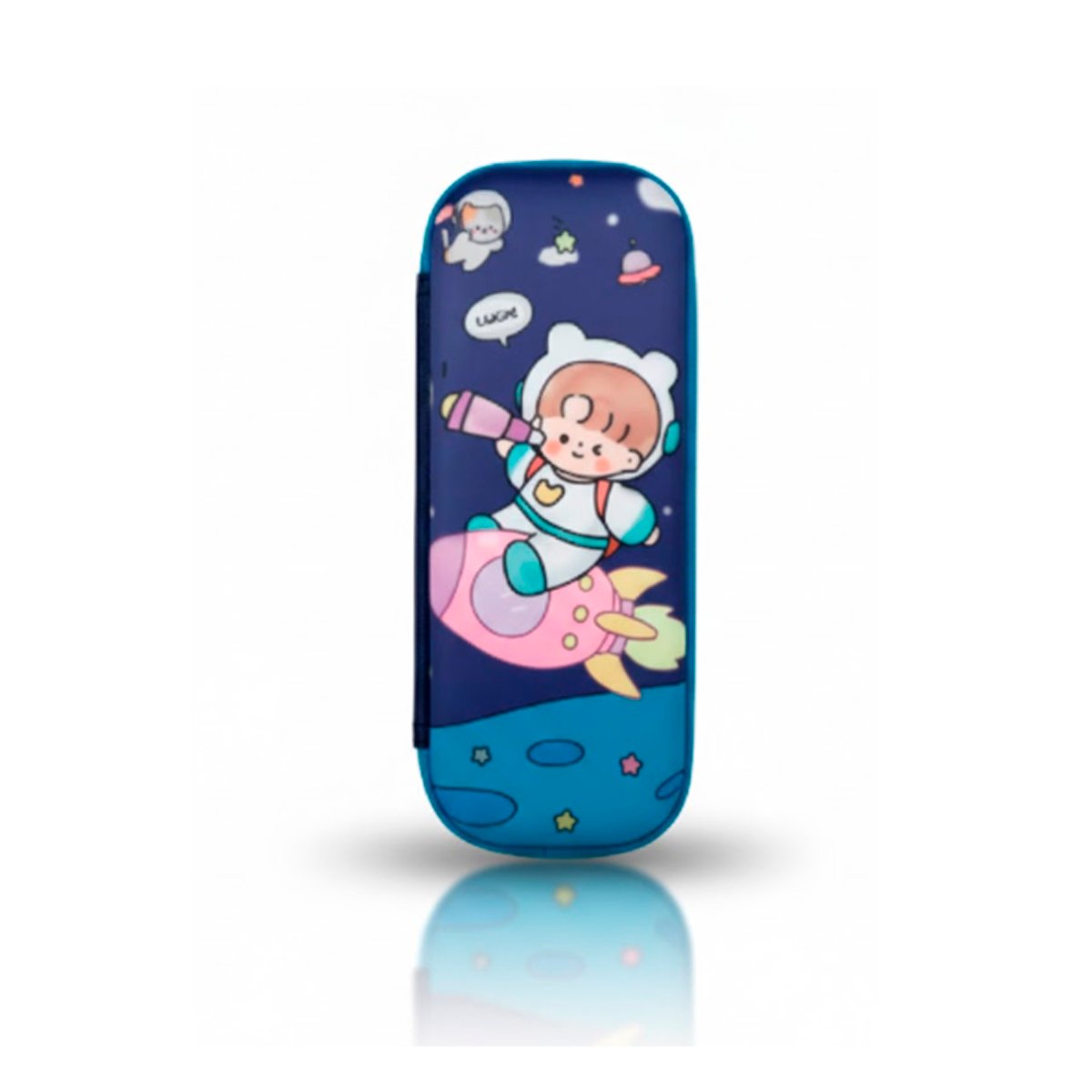 ESTUCHE MODERNO ASTRONAUTA EN COHETE AZUL ALTO RELIEVE CON ESPACIO AMPLIO Y+LIGAS REGALO - 3