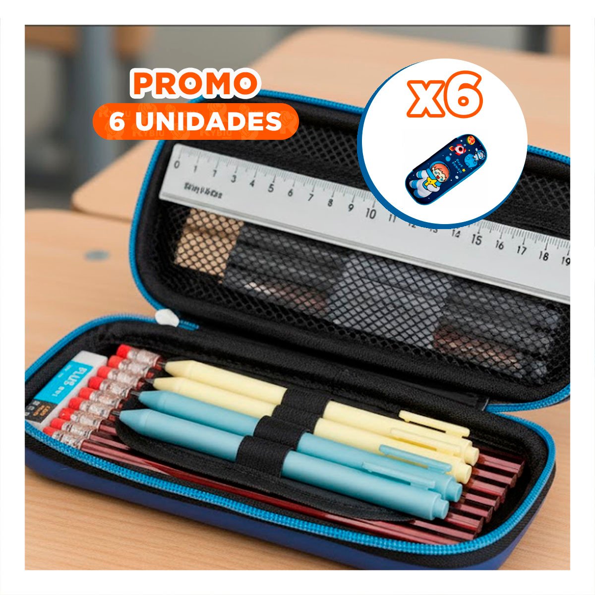 PACK6 FUNDA ESCOLAR ASTRONAUTA FELIZ AZUL ALTO RELIEVE CON CIERRE SEGURO Y+REGALO STICKER - 1