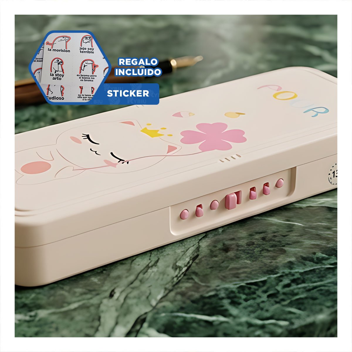 PORTA COLORES INFANTIL CON CLAVE 2 NIVELES GATO CON FLOR BEIGE DISENO TIERNO Y+REGALO STICKER - 1