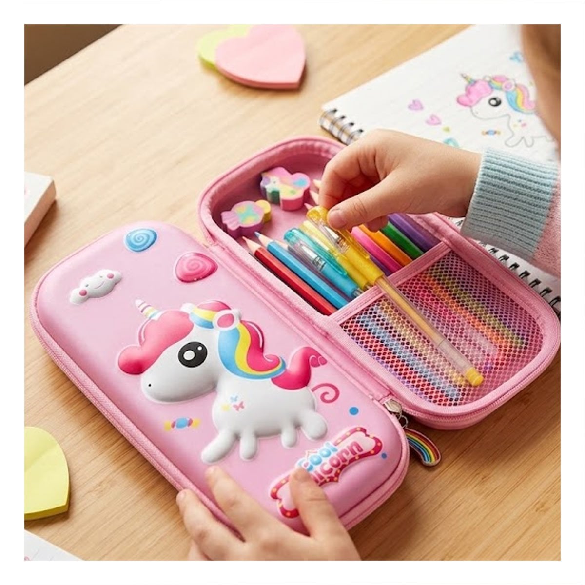 PACK4 ACCESORIO ESCOLAR UNICORNIO ROSADO ALTO RELIEVE CON CIERRE SEGURO DIARIO - 3