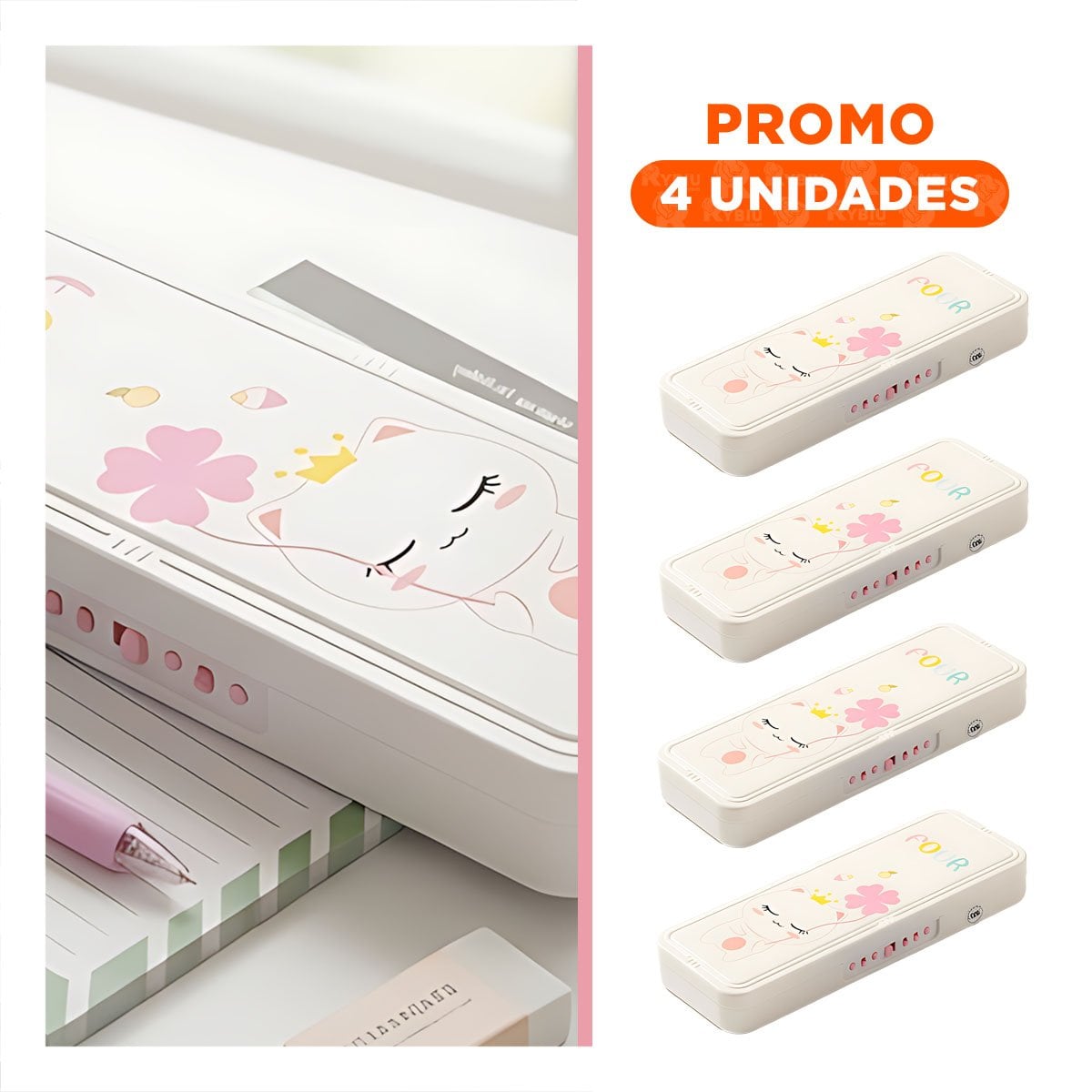 PACK4 BOLSO JUVENIL CON CLAVE 2 NIVELES GATO CON FLOR BEIGE PRACTICO Y+REGALO STICKER - 1