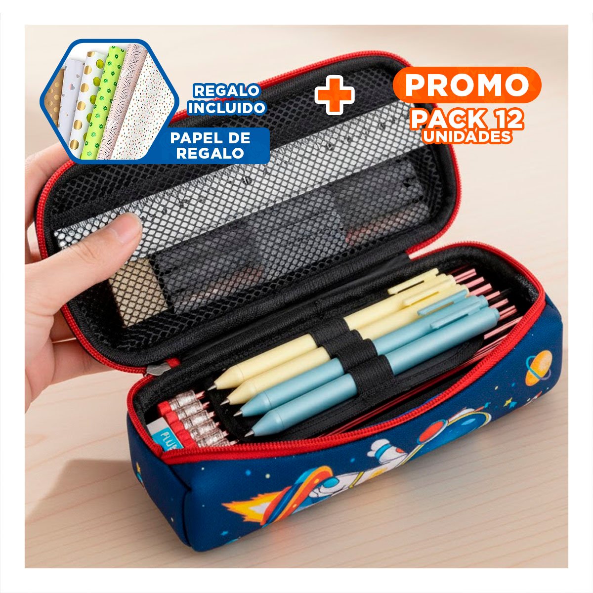 PACK12 FUNDA COMPACTA ASTRONAUTA AZUL ALTO RELIEVE PARA GUARDAR UTILES Y+PAPEL REGALO - 1