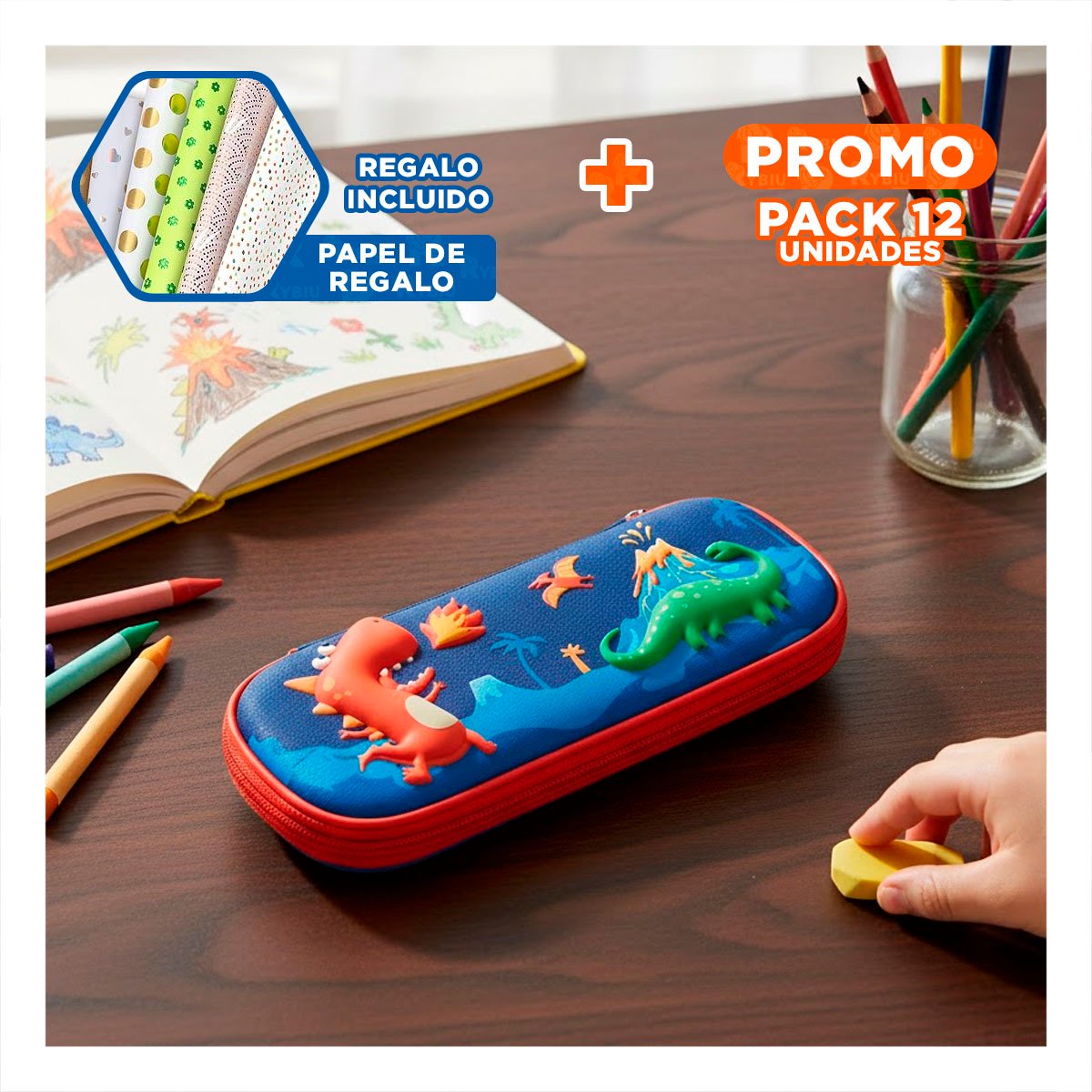 PACK12 FUNDA COMPACTA DINOS AZUL ALTO RELIEVE PARA GUARDAR UTILES Y+PAPEL REGALO - 1