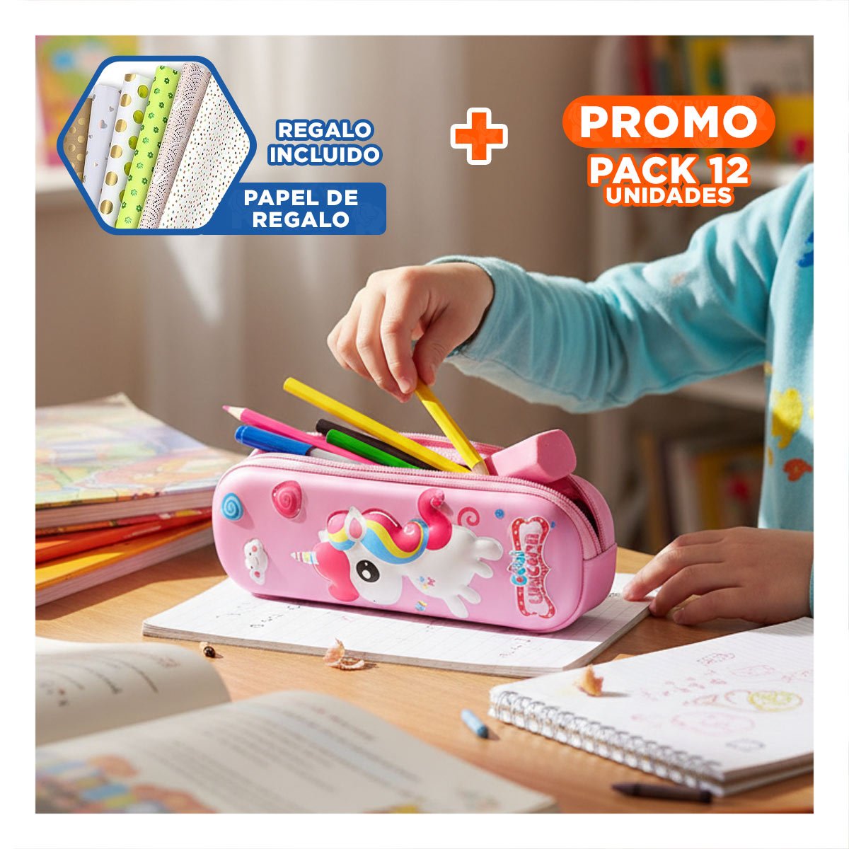 PACK12 FUNDA COMPACTA UNICORNIO ROSADO ALTO RELIEVE PARA GUARDAR UTILES Y+PAPEL REGALO - 1