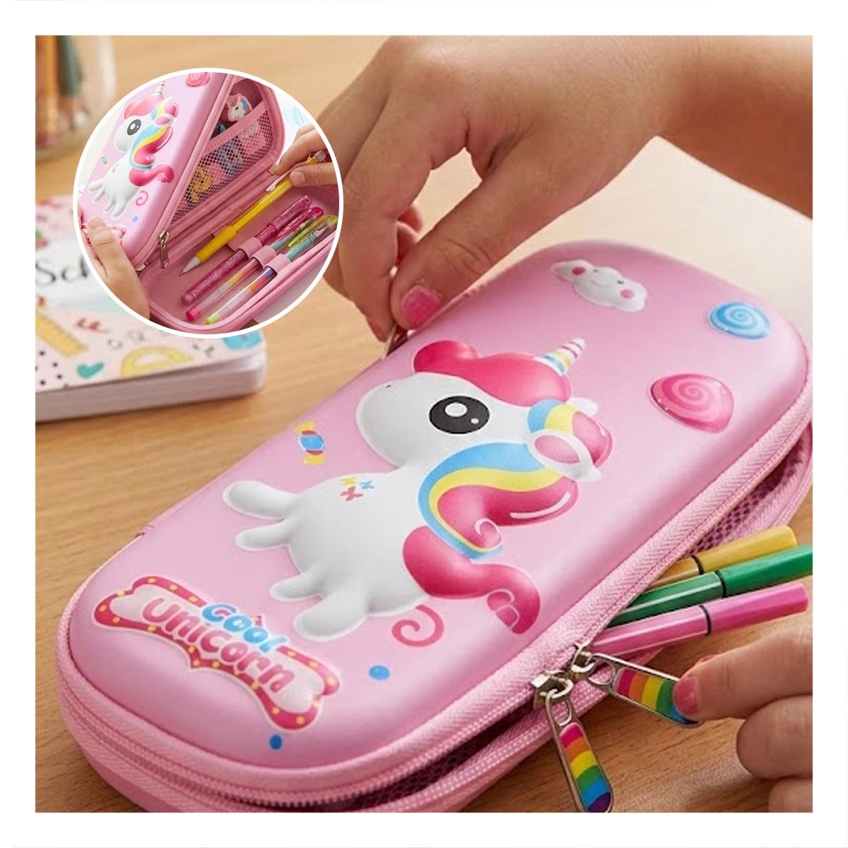 PACK12 FUNDA COMPACTA UNICORNIO ROSADO ALTO RELIEVE PARA GUARDAR UTILES Y+PAPEL REGALO - 3