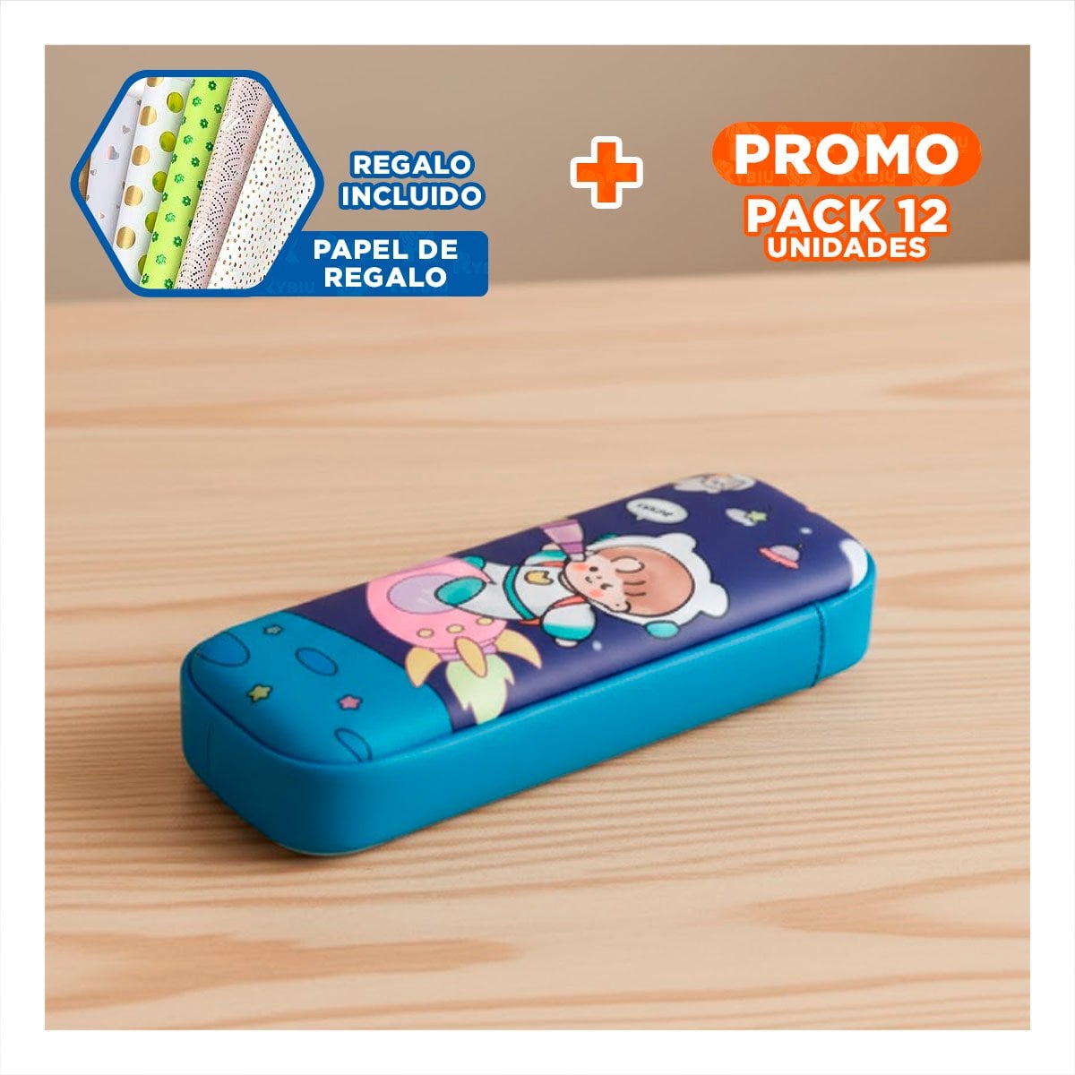 PACK12 FUNDA COMPACTA ASTRONAUTA EN COHETE AZUL ALTO RELIEVE PARA GUARDAR UTILES Y+PAPEL REGALO - 1